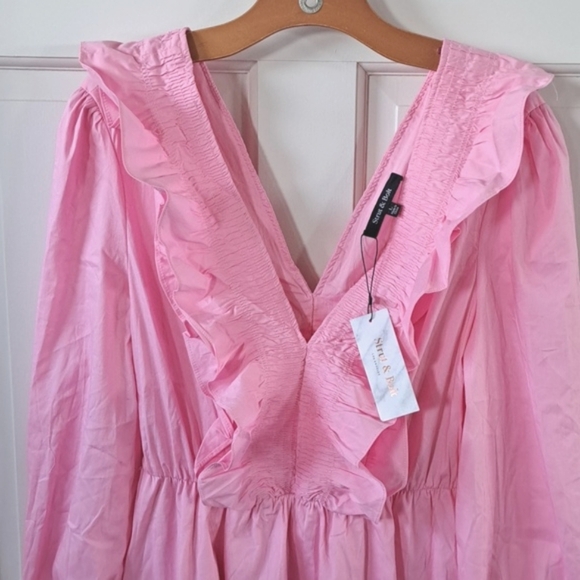 NWT Strut & Bolt Smocked Pink Ruffles Deep V-Neck Stretch Fun Girly Short Dress - Picture 2 of 13